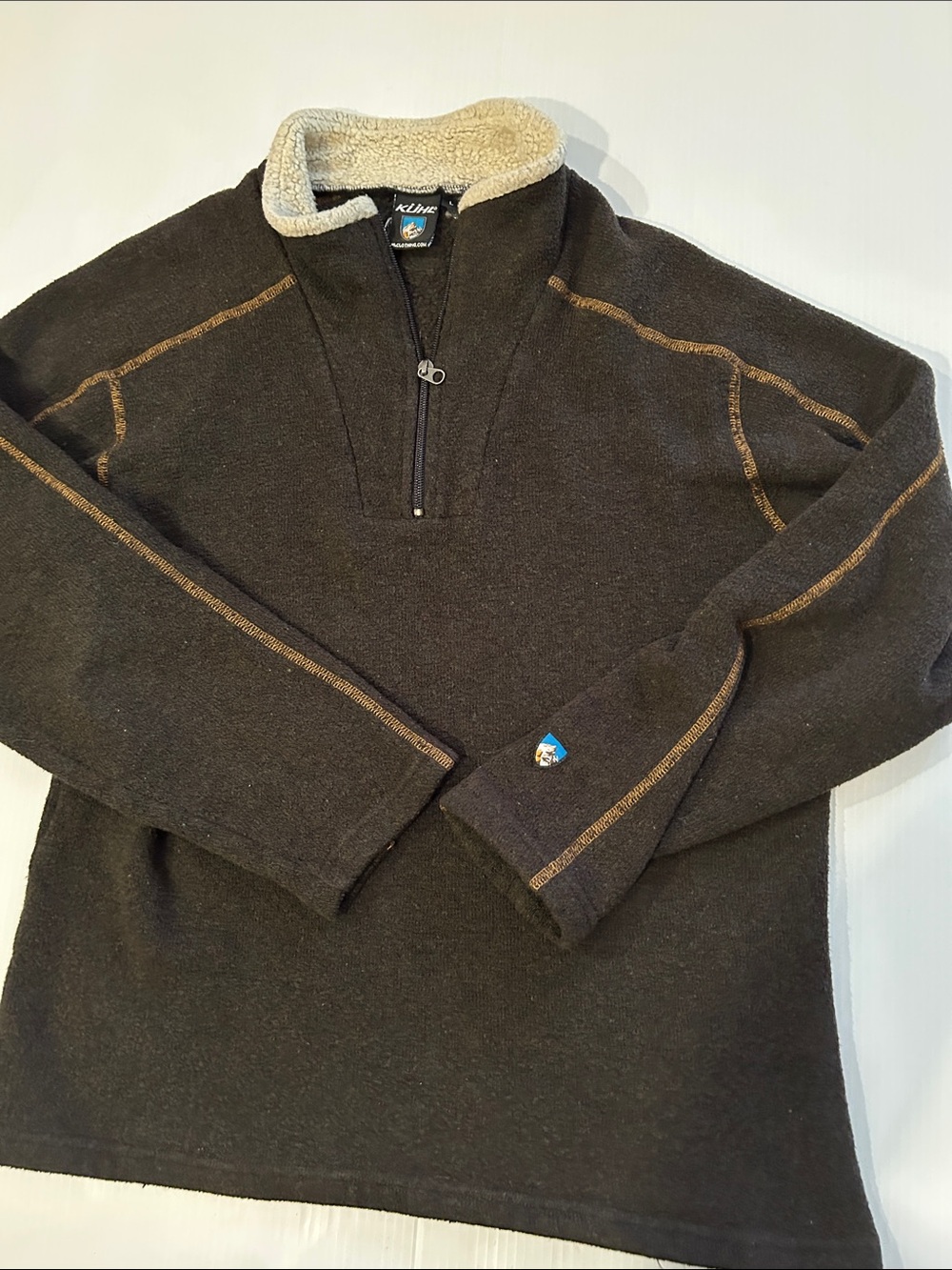 Kuhl Men's Dark Brown 1/4 Zip Sweater with Cream Sherpa Collar